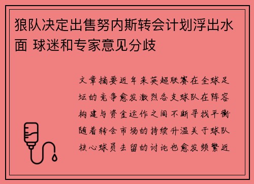 狼队决定出售努内斯转会计划浮出水面 球迷和专家意见分歧